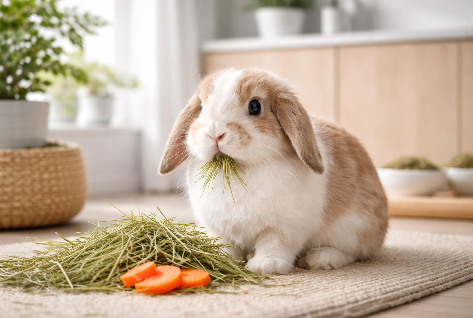 healthy pet rabbit resting in a clean indoor home environment